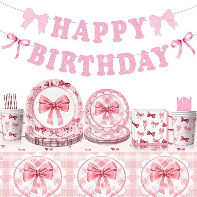 Bow Theme Girls Birthday Party Tableware Set Includes Paper Plates Cups Towels Tablecloth Pull Flag Decor Size 7X9 Inches Weight 0.88 Pounds