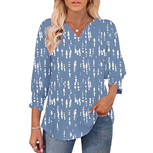 RXMEKW Printed 3/4 Sleeve Blouse for Women with Smocked Cuffs, Polyester Casual Top, Regular Length