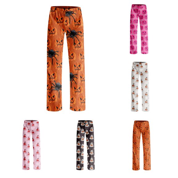 Satingcolo Halloween Pants for Women Wide Leg Trouser Ghost Pumpkin Pajamas Fall Elastic Waist Pants, Halloween Themed Graphic Trouser