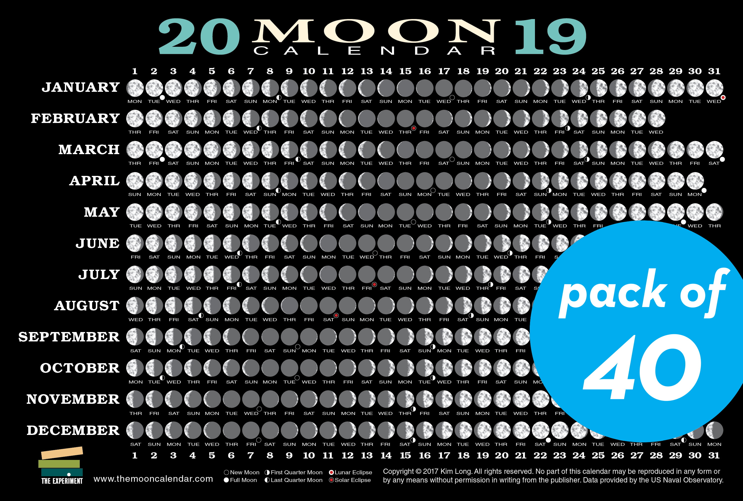 2019 Moon Calendar Card (40 pack) Lunar Phases, Eclipses, and More