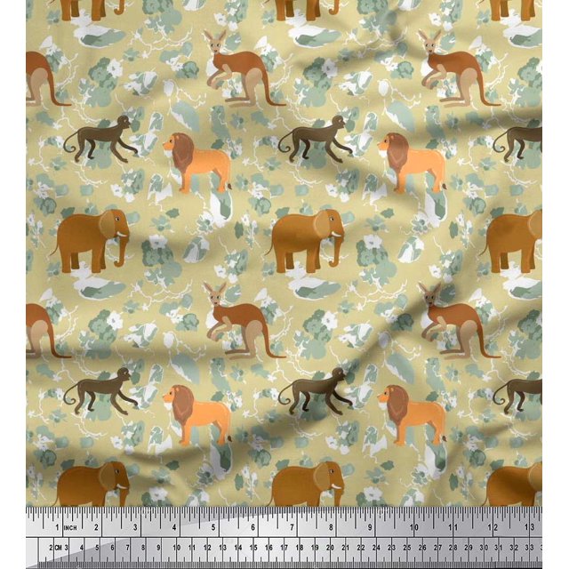 Soimoi Poly Georgette Fabric Kangaroo,Elephant & Lion Animal Fabric Prints by Yard 42 Inch Wide