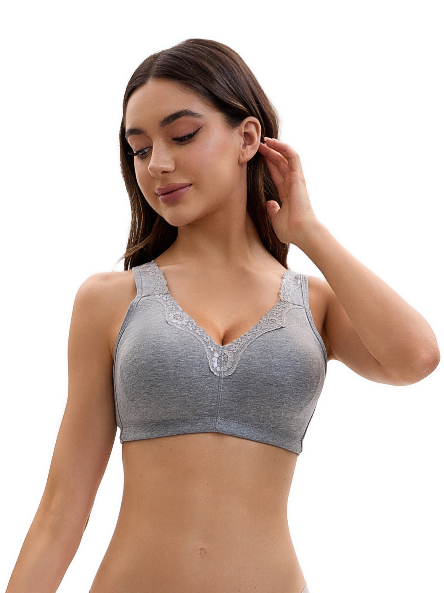 Unique Bargains Women's Lace Trim Full Coverage Adjustable Strap Bras E 46 Grey