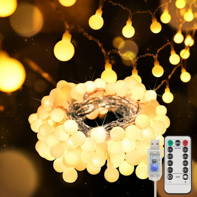 suddus Globe String Lights Dormitorio 50 LED Fairy Lights Enchufe Luces de Cadena Interior para Aula Navidad Patio Trasero Jardín Fiesta Dormitorio Sala de Estar Pared Blanco cálido