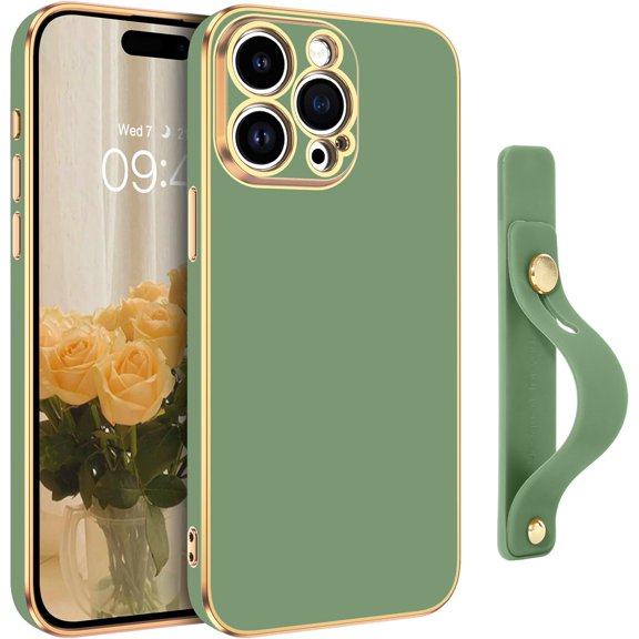 iPhone 15 Pro Max Case,iPhone 15 Pro Max Phone Case,Slim Fit Soft TPU with Adjustable Wristband Kickstand Scratch Resistant Shockproof Protective Cover for iPhone 15 Pro Max 6.7", Matcha Green
