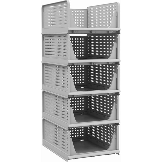Paquete de 5 organizadores plegables de clóset, cesta de plástico apilable para ropa, contenedores de almacenamiento apilables para clóset, recámara, baño, oficina (gris)