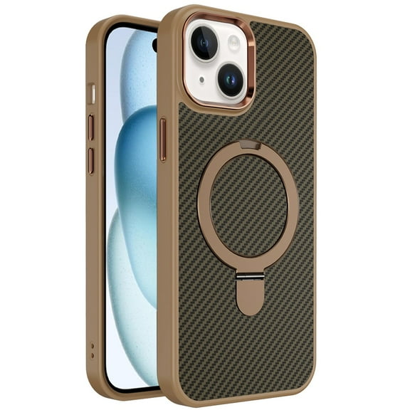 For Apple iPhone 15 Hybrid Carbon Fiber Design with MagSafe Compatible [Magnetic Circle], Ring Stand Shockproof Slim TPU Cover, XPM Phone Case [Brown]
