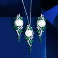 thumbnail image 2 of Green CZ Crystal Long Leaf Pearl Earrings Necklace Silver Plated Jewelry Set, 2 of 9