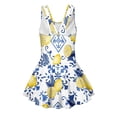 thumbnail image 5 of COEQINE Girls One Piece Bathing Suit, Scoop U-Neck & V Back Playful Swimsuit with Attached Skirt, Beach Swim Dress for Kids Age 5-6, Machine Washable, Vintage Lemon Floral Blue, 5 of 8
