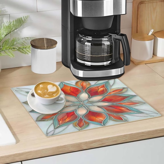 Abstract Red Floral Stained Glass Dish Drying Mat 12"x18" Kitchen Counter Dish Pad Microfiber Absorbent Drainer Rack for Coffee Bar