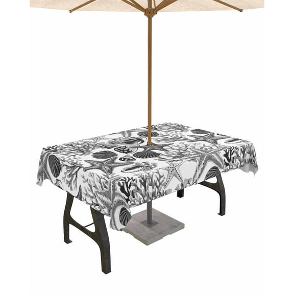 Hokiten Outdoor Tablecloths with Umbrella Hole & Zipper, Black Starfish Coral Rectangle Tablecloth 52x70 Inch, Ocean Shell Grey Vintage Waterproof Table Cloth, Patio/Pool/Picnic Table Covers