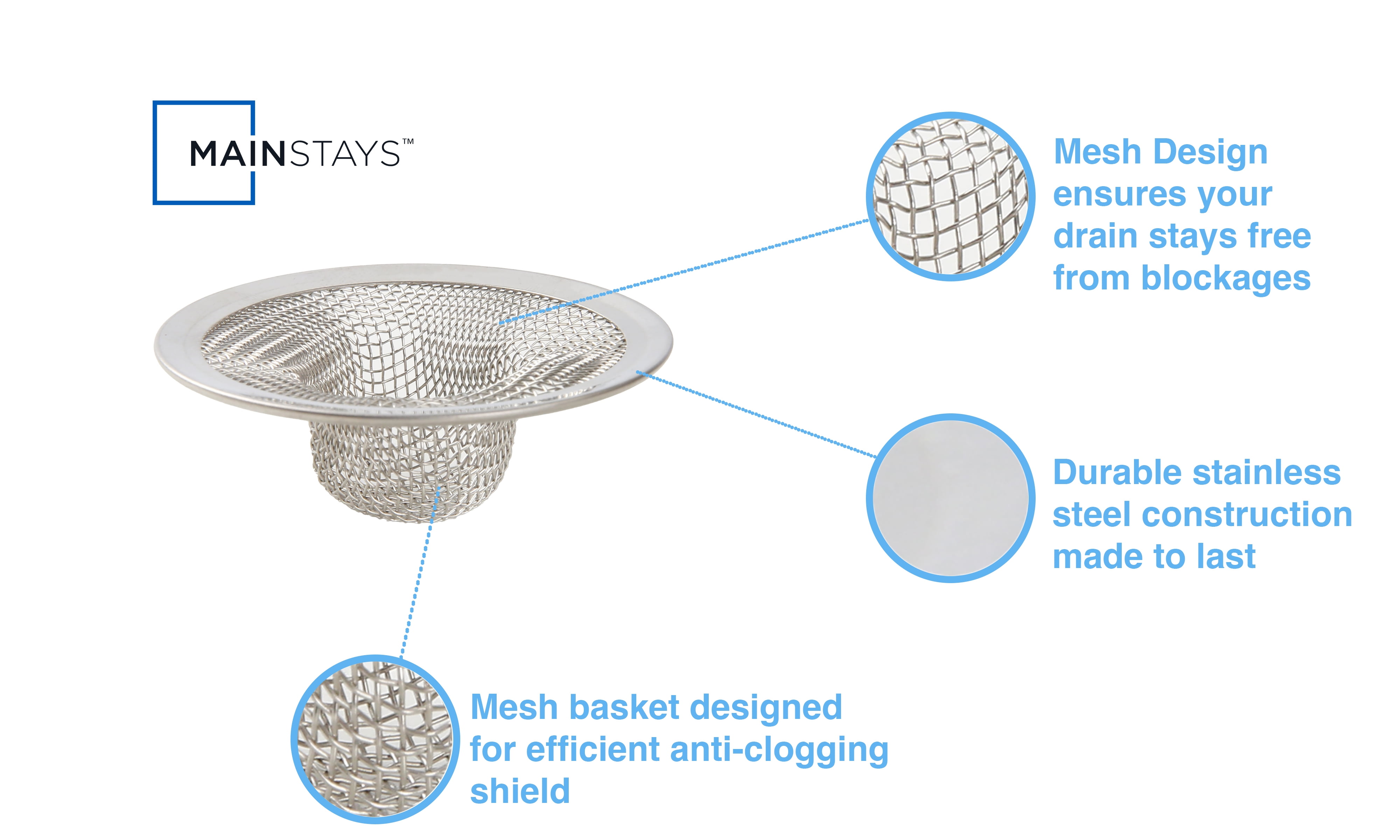 (3 pack) Mainstays Multiple Size 3 Pack Stainless Steel Mesh Drain Strainers Silver
