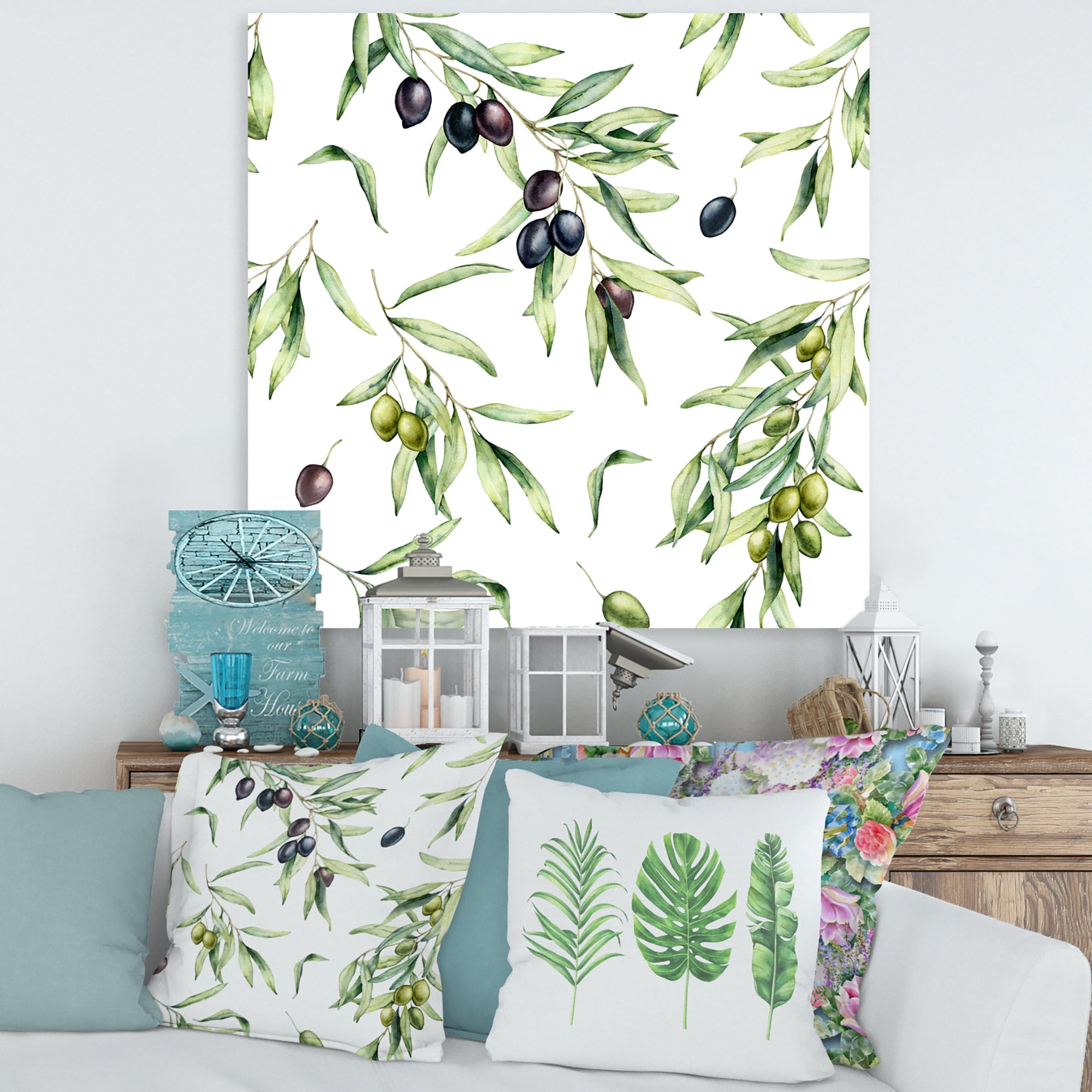 Designart ' Black and Green Olives With Olive Branches & Leaves ' Lake House Canvas Wall Art Print