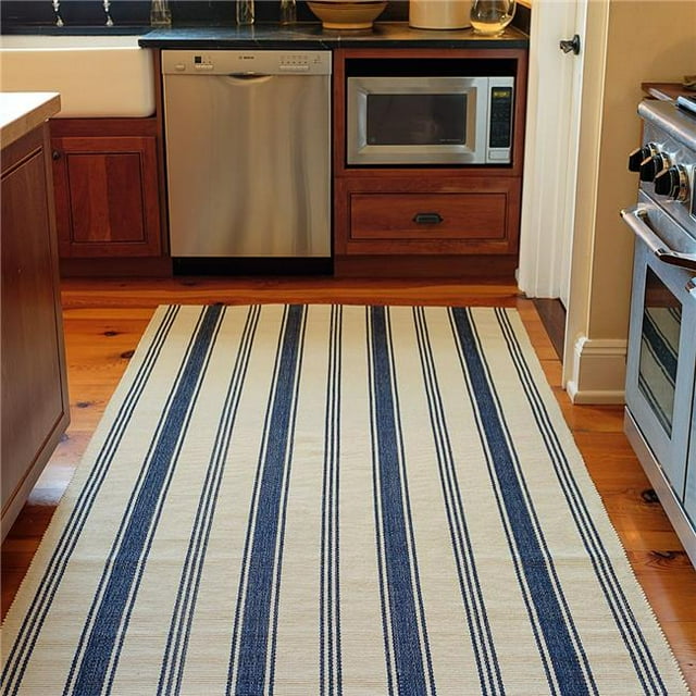 Homespice Decor 759047 22 x 96 in. Seaside Camden Stripe Ultra Wool Woven Rectangular Rug - Navy Blue, Cream