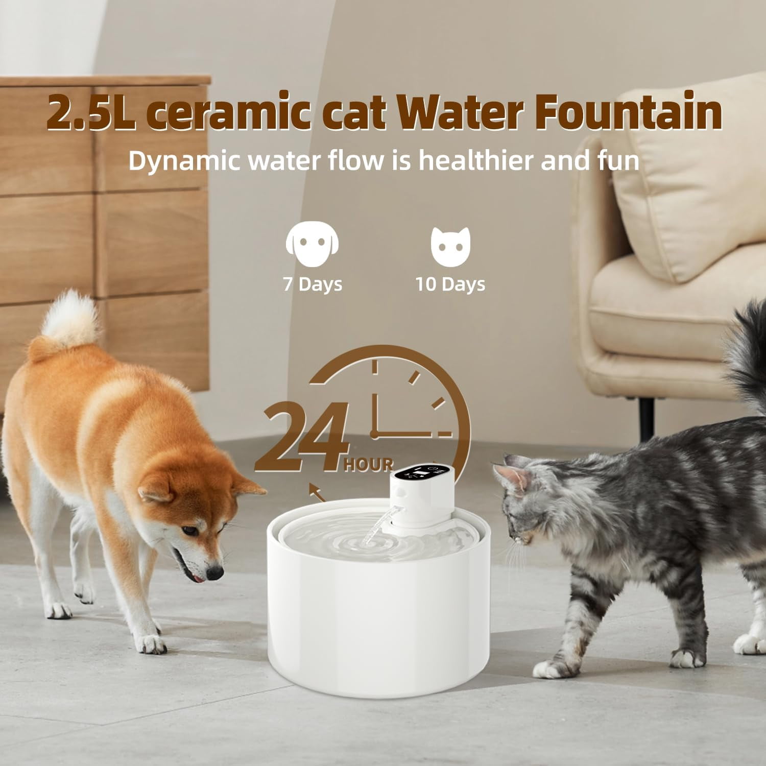CHIKANSTORE Cat Water Fountain,Ceramic Cat Water Fountain Cordless Automatic with Ultra-Quiet Pump for Cats, Dogs, Multiple Pets