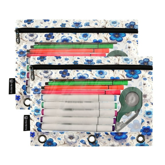 Ckdifva Blue Flowers Pencil Pouch 3 Ring Zipper Pencil Case Binder Pockets Clear Top Cosmetic Bag 2 Pack