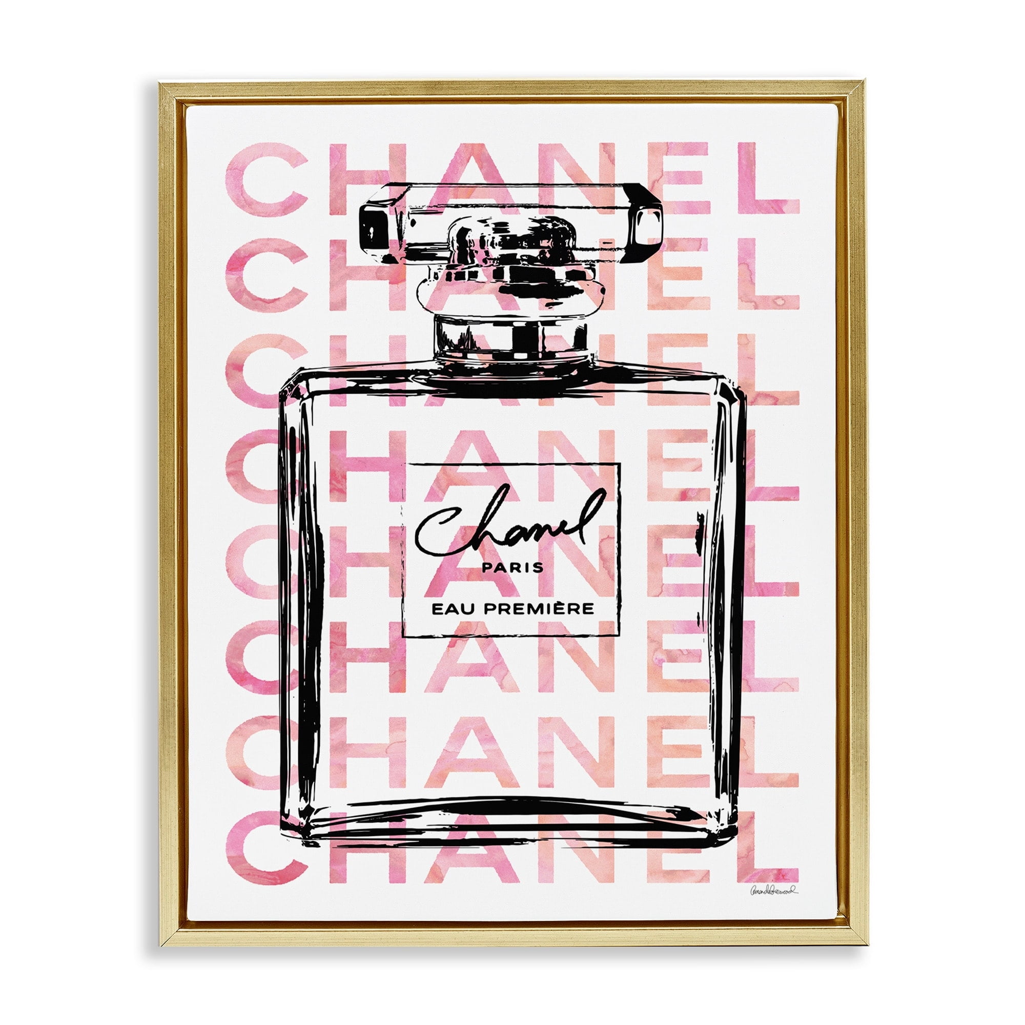 Stupell Industries Glam Perfume Bottle With Words Pink Black Metallic Gold Framed Floating Canvas Wall Art, 24x30, by Amanda Greenwood