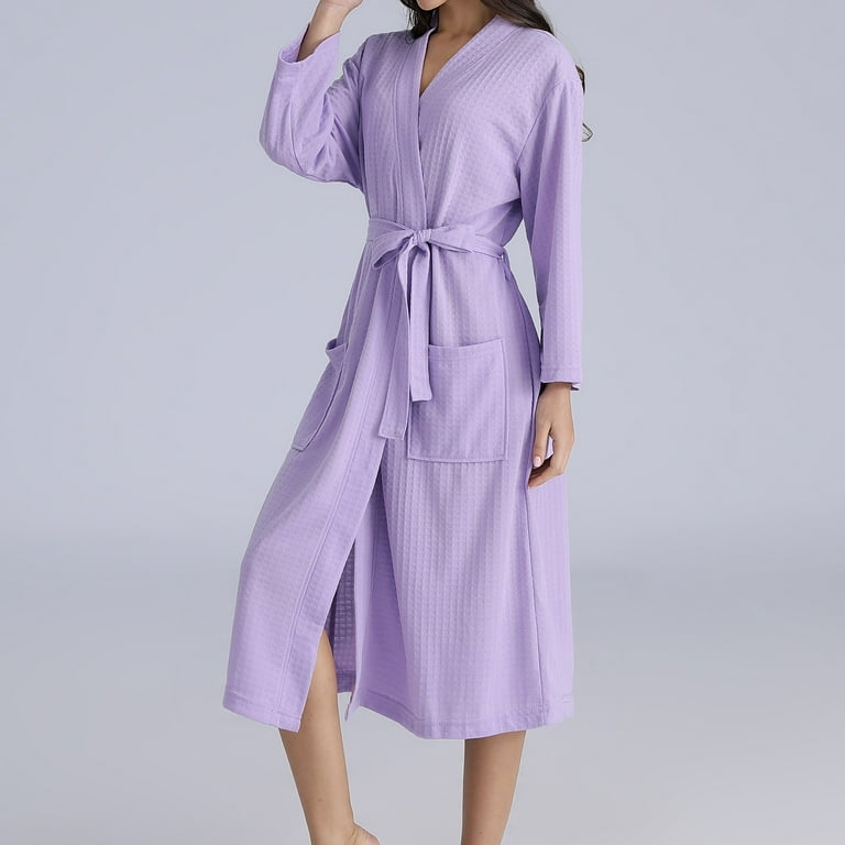 Feancey Long Waffle Knit Robes for Women Cozy Breathable Kimono Robe Soft Lightweight Bathrobe Loose Fit Casual Dressing Gown Loungewear with Pockets