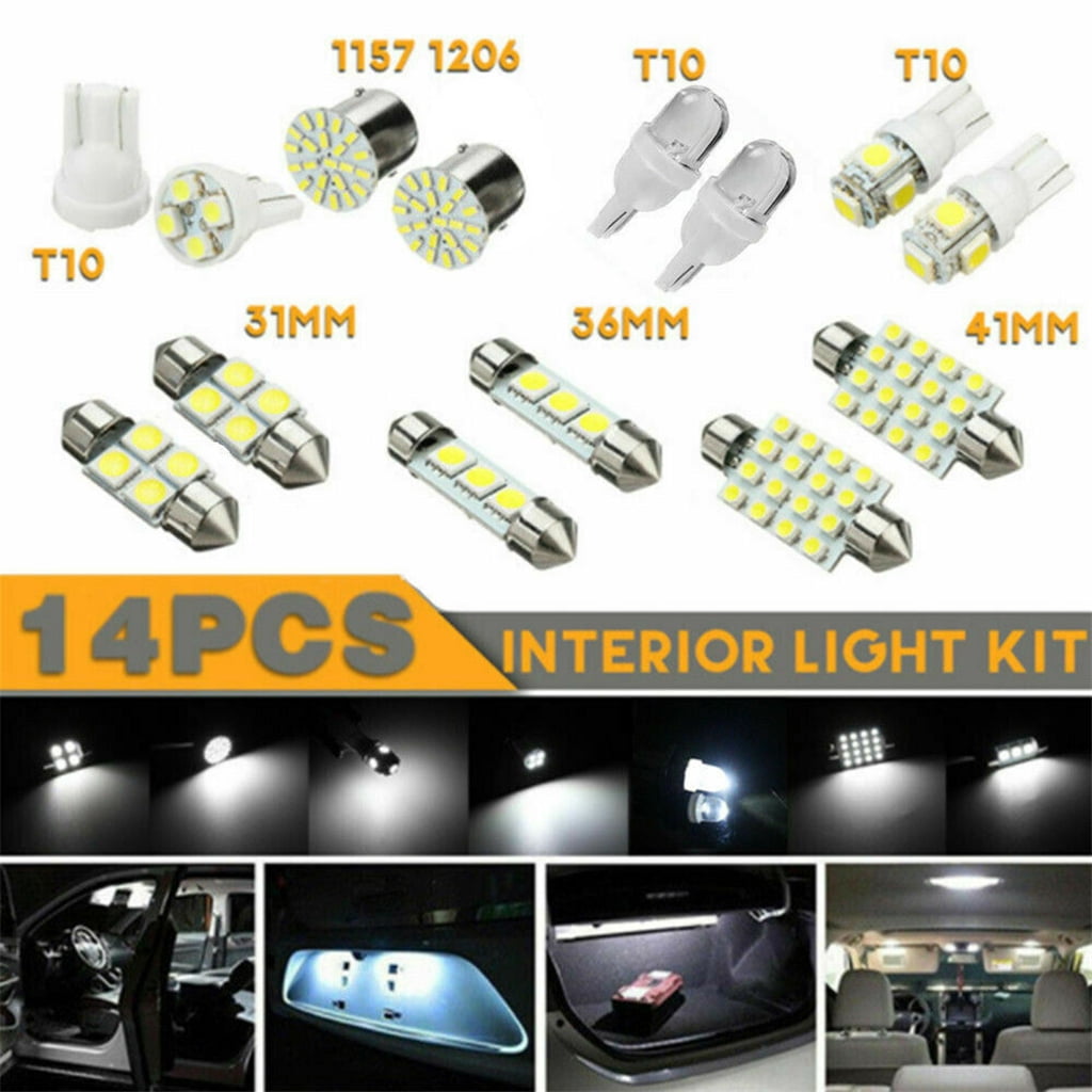 14pcs White LED Interior Package Kit T10 36mm Map Dome License Brake Lights Bulb 