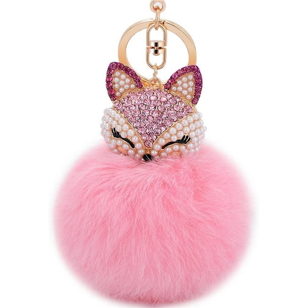 Boseen Llavero con pompón de bola de piel de conejo genuina con una cabeza de zorro de aleación de moda tachonada con diamantes sintéticos (diamantes de imitación) para bolso de mujer Teléfono mó