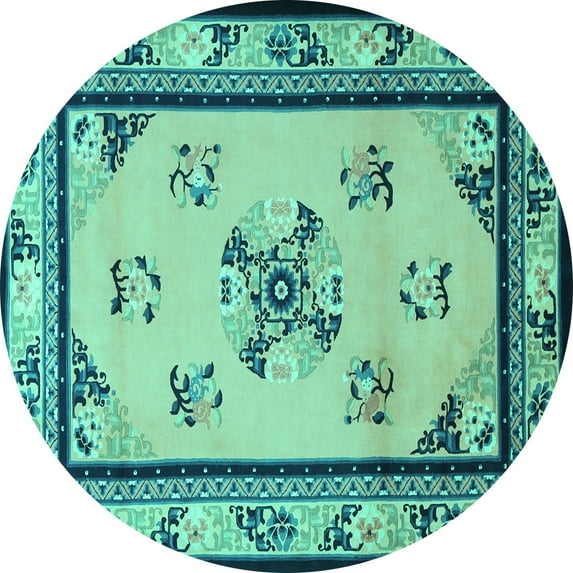 Ahgly Company Machine Washable Indoor Round Oriental Turquoise Blue Asian Inspired Area Rugs, 8' Round