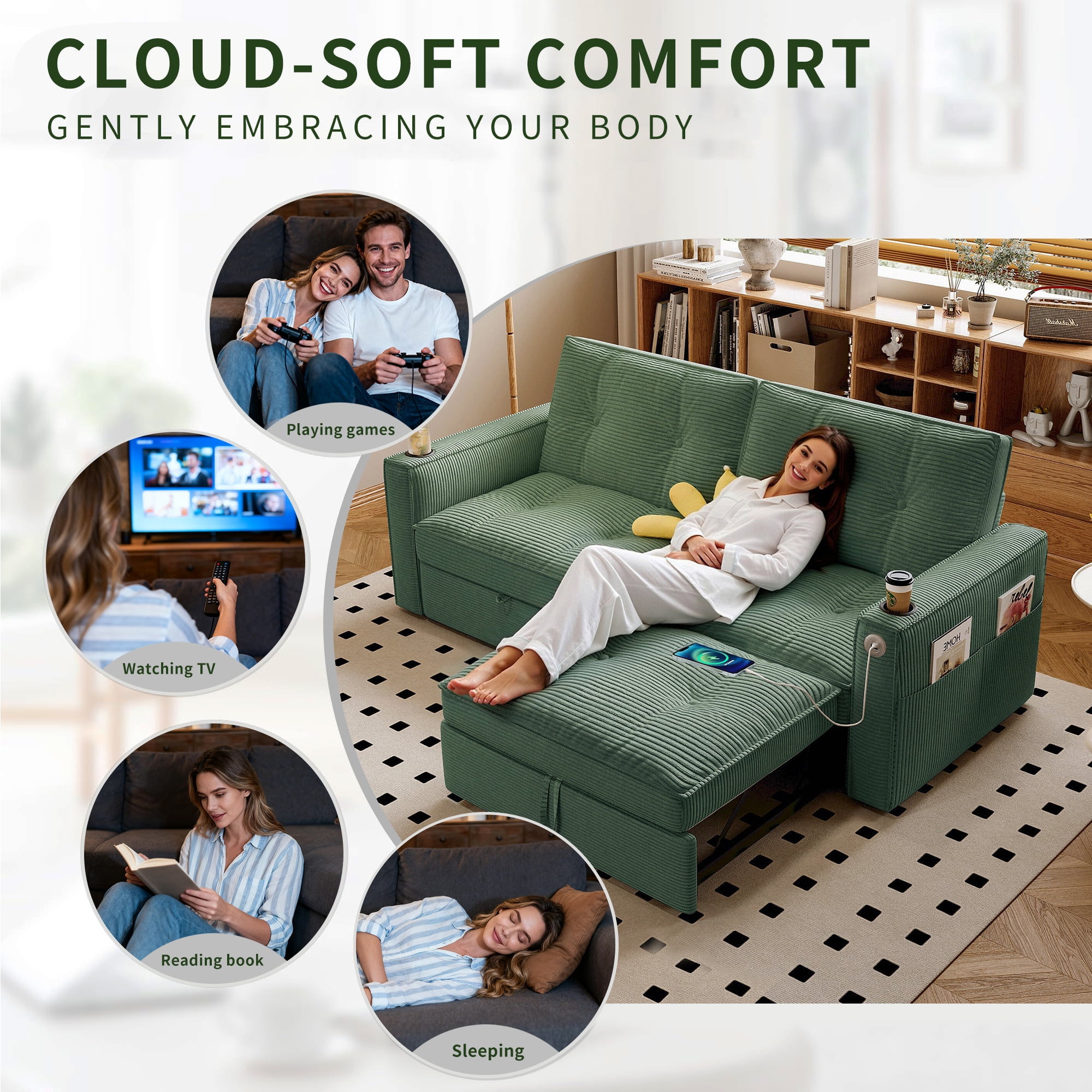 Kosynda 73"W Pull Out Couch with Charging and Cup Holder, 2 in 1 Convertible Sofa Bed with Storage Pockets, Folding Loveseat Sleeper Sofa for Living Room, Office, Small Space, Green