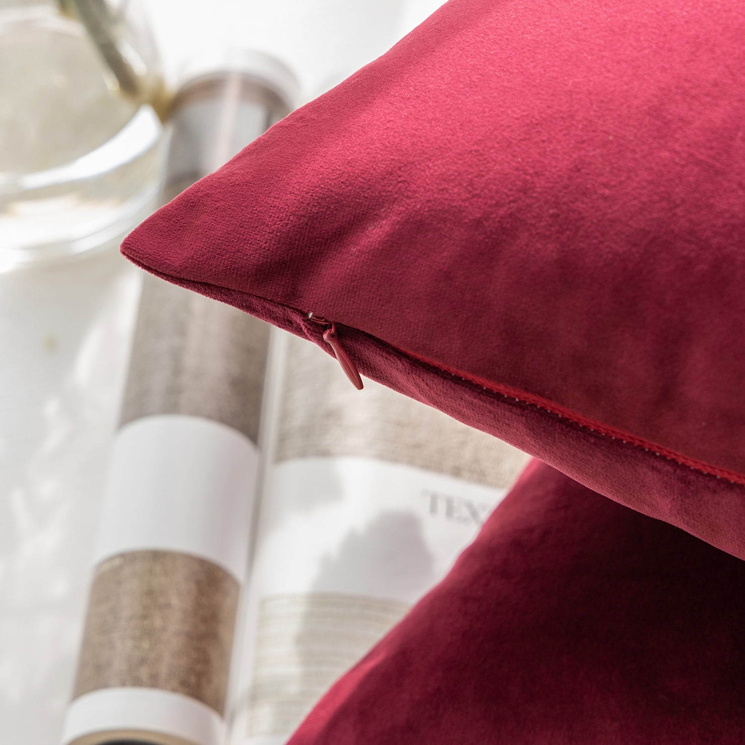 Phantoscope Christmas holiday Decorative Throw Pillow Set, Silky Velvet Series Covers with inserts, 20" x 20", Dark Coffee and Dark Red, 2 Pack