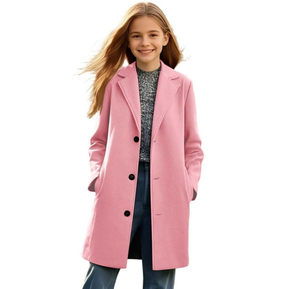 BFHHYA Kids' Mid-Length Wool-Blend Coat Boys & Girls Notch Collar Single Breasted Trench Coat Trendy Pea Coat Outerwear for Daily School (5-14Y)