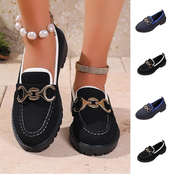 HVOBTTY Women's Summer and Spring Fashionable Casual Versatile Metal Thick Sole Shoes Plus Size Trendy Comfortable Loafers Dark Blue, 41