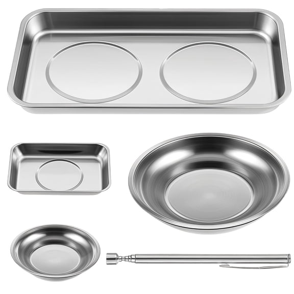 5 Pcs Parts Tray with Strong Attachment, Stainless Steel Mechanic Tool Holder with Strong Base, Telescopic Pickup Tool for Screws, Nuts, Bolts, Workshop, Garage, Auto Repair
