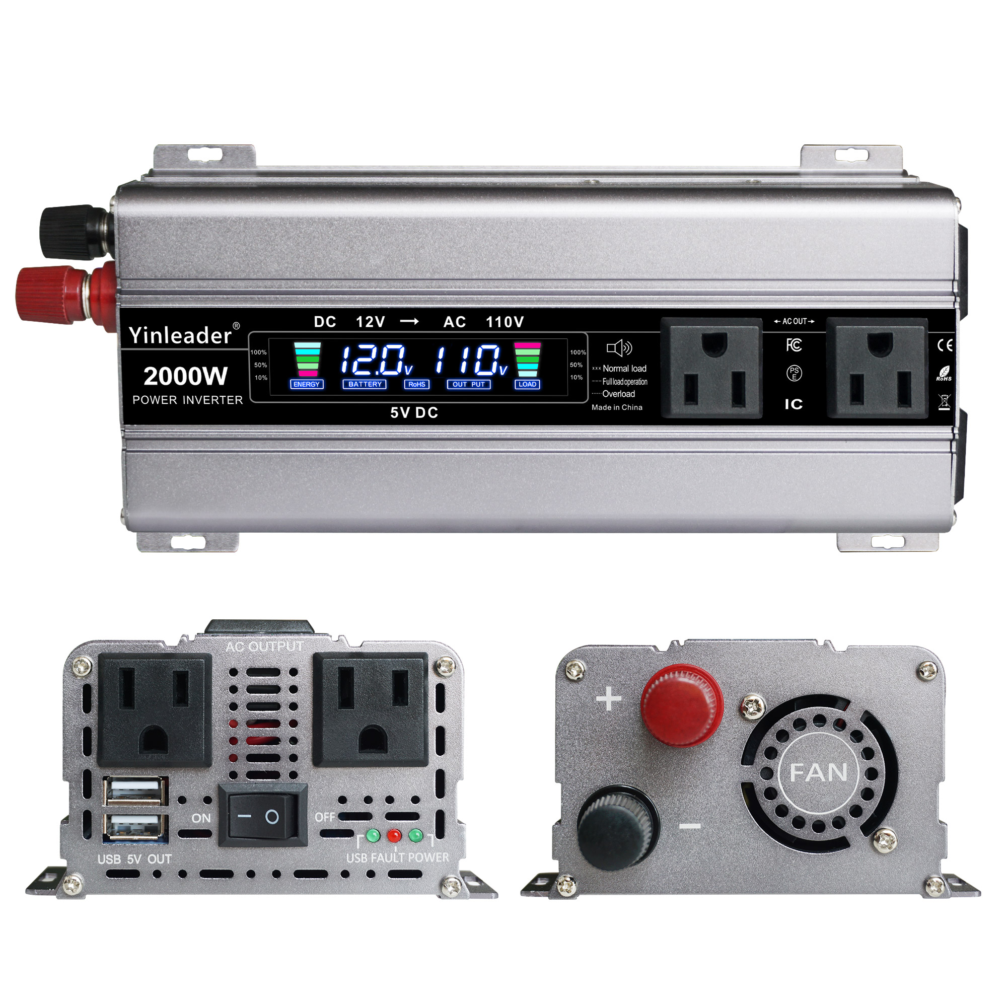Yinleader 1000 Watts Car Power Inverter DC 12V to 110V AC Converter with LCD Display 4 AC Outlets and Dual USB