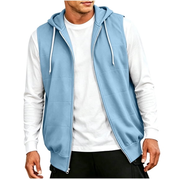 ZOYOEN Mens Sleeveless Hooded Vest- Casual Loose Fit Adjustable Drawstring Full Zip Fall Jacket Outwear Light Blue Size XL