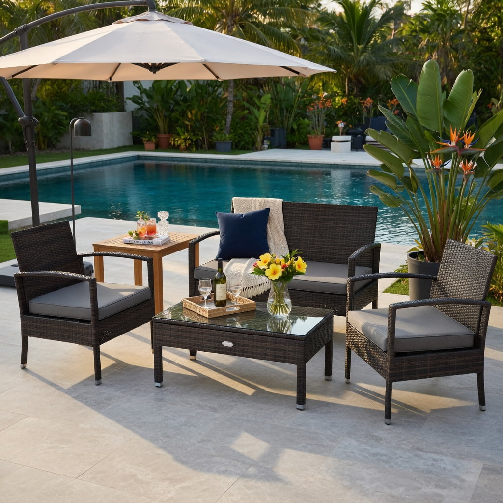 Hommoo 4-Piece Outdoor Rattan Patio Furniture Set, PE Wicker Loveseat, 2 Armchairs, and Coffee Table with Removable Cushions, Brown