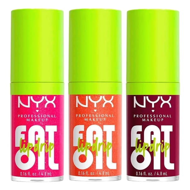 NYX Professional Makeup Kit 3 pack Fat Oil Lip Drip Gloss Tonos That's Chic + Supermodel + Follow Back, 4.8ml c/u - Brillo labial efecto jugoso hasta por 12H, sin sensación pegajosa, f&a
