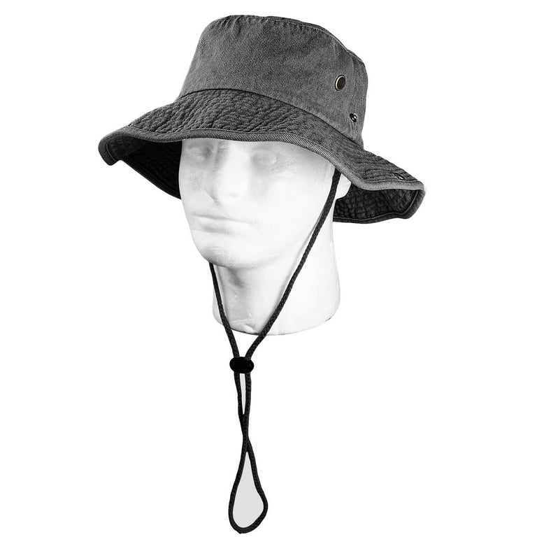 Falari Wide Brim Hiking Fishing Safari Boonie Bucket Hats 100% Cotton UV Sun Protection for Men Women Outdoor Activities L/XL Black Denim, Adult