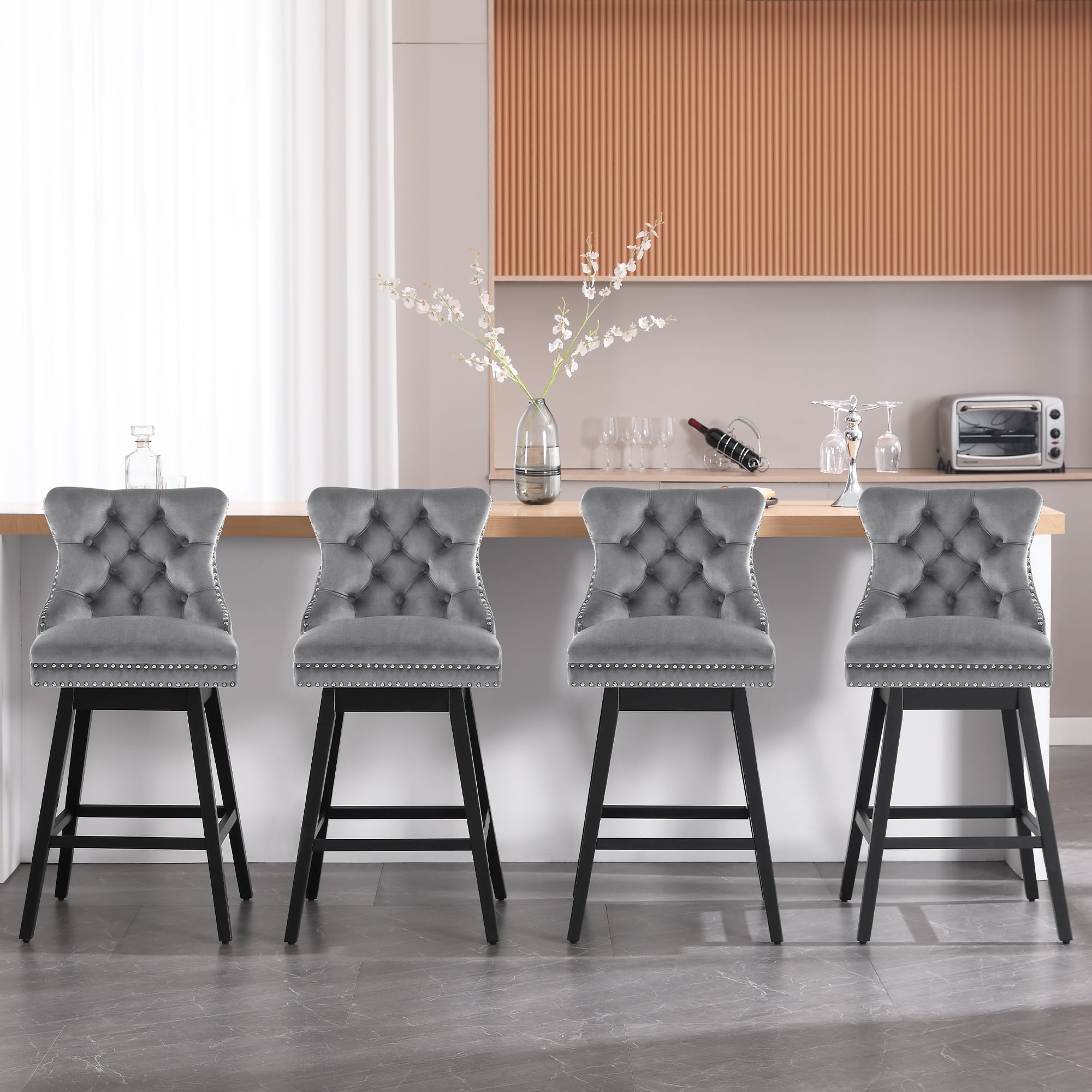Tewloss 30" Swivel Bar Stools Set of 4 With Back Velvet Bar Height Chairs for Home Kitchen, Gray
