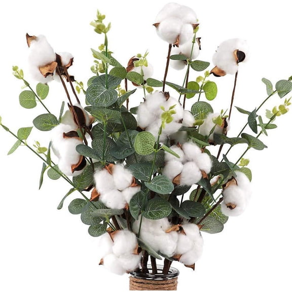 4PCS Cotton Stems with Eucalyptus Leaves, Fake Cotton Flowers Dried Cotton Picks Stalks Plants, Artificial Cotton Floral Stems Faux Farmhouse Decorations for Vase Home Decor