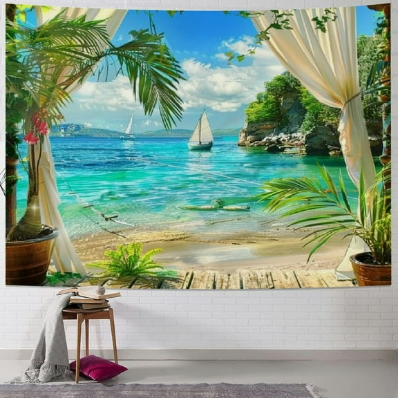 Shiartex  Beach Tapestry Tropical Ocean Islands Coconut Tree Palm Leaf Summer Hawaii Holiday Paradise Exotic Wall Hanging Bedroom Living Room Hanging Decorative Blanket 40x30inch