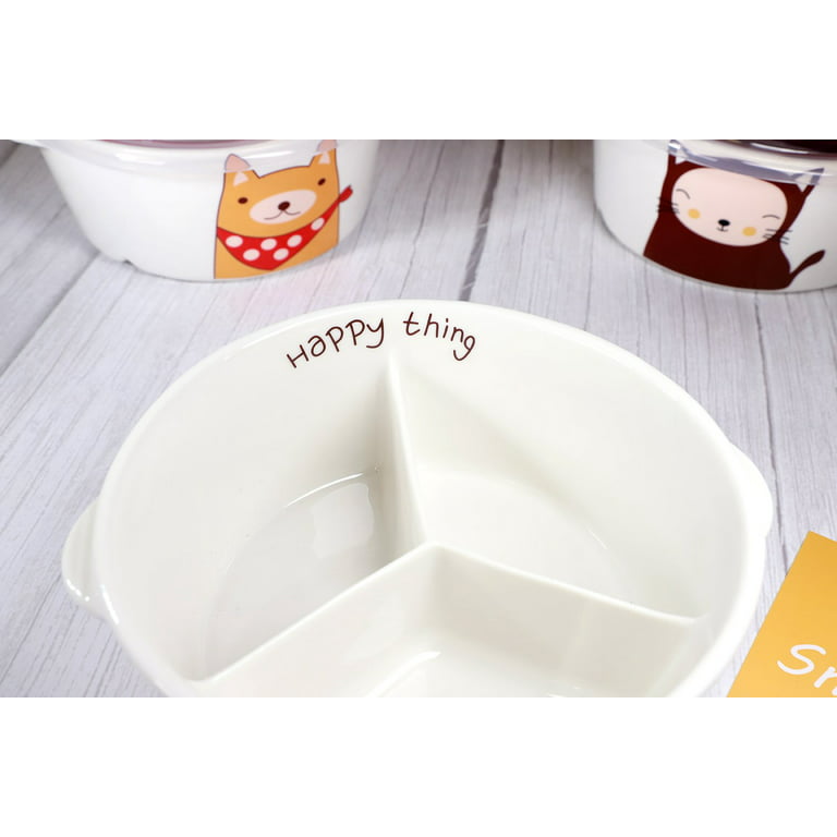 Microwavable Ceramic Bento Box Lunch Box Food Container with Seal Fine Porcelain Round Shape with Dividers, Brown