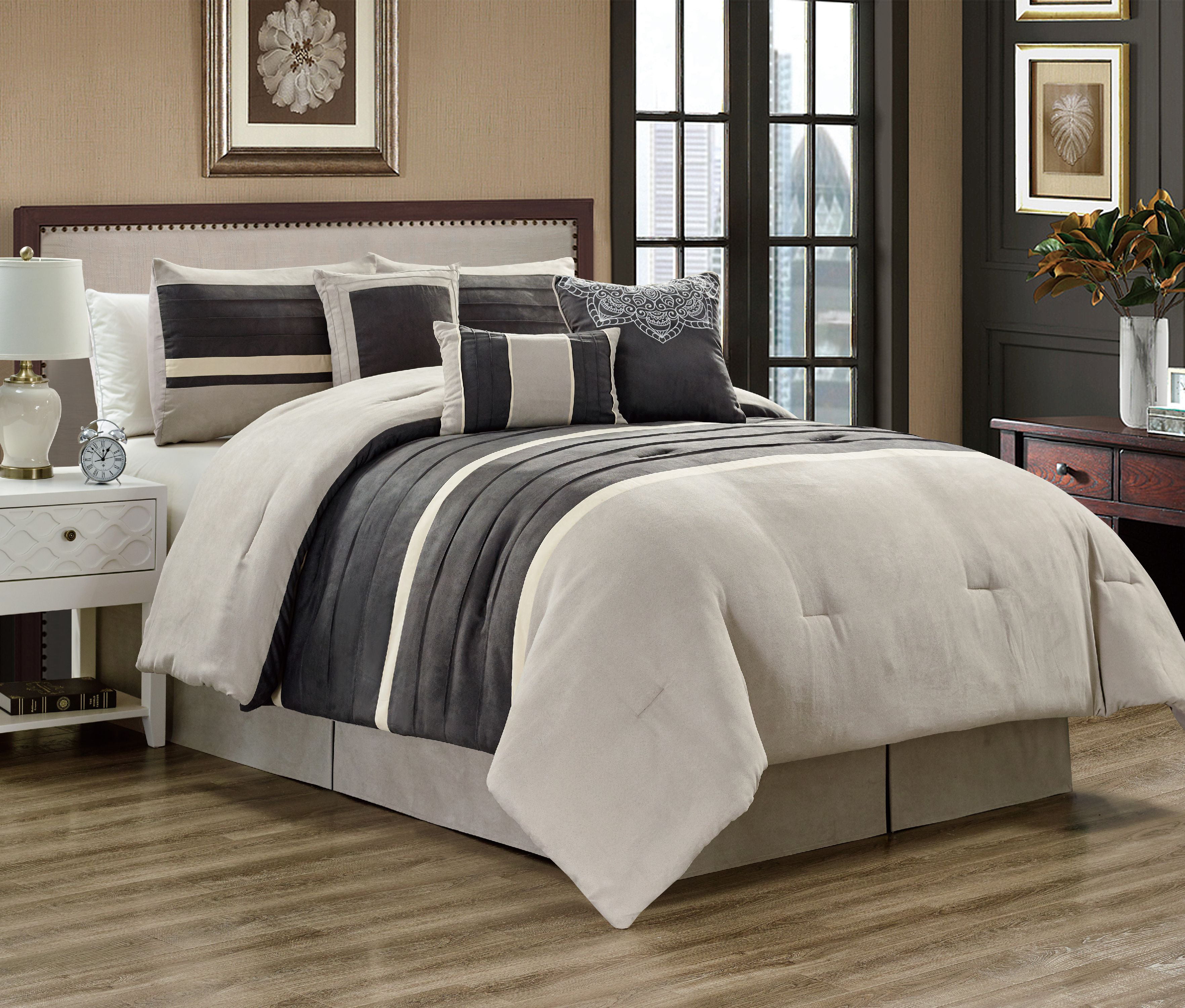 7-Piece Two-Tone Gray Western Lodge MicroSuede Pleated Striped Comforter Set 