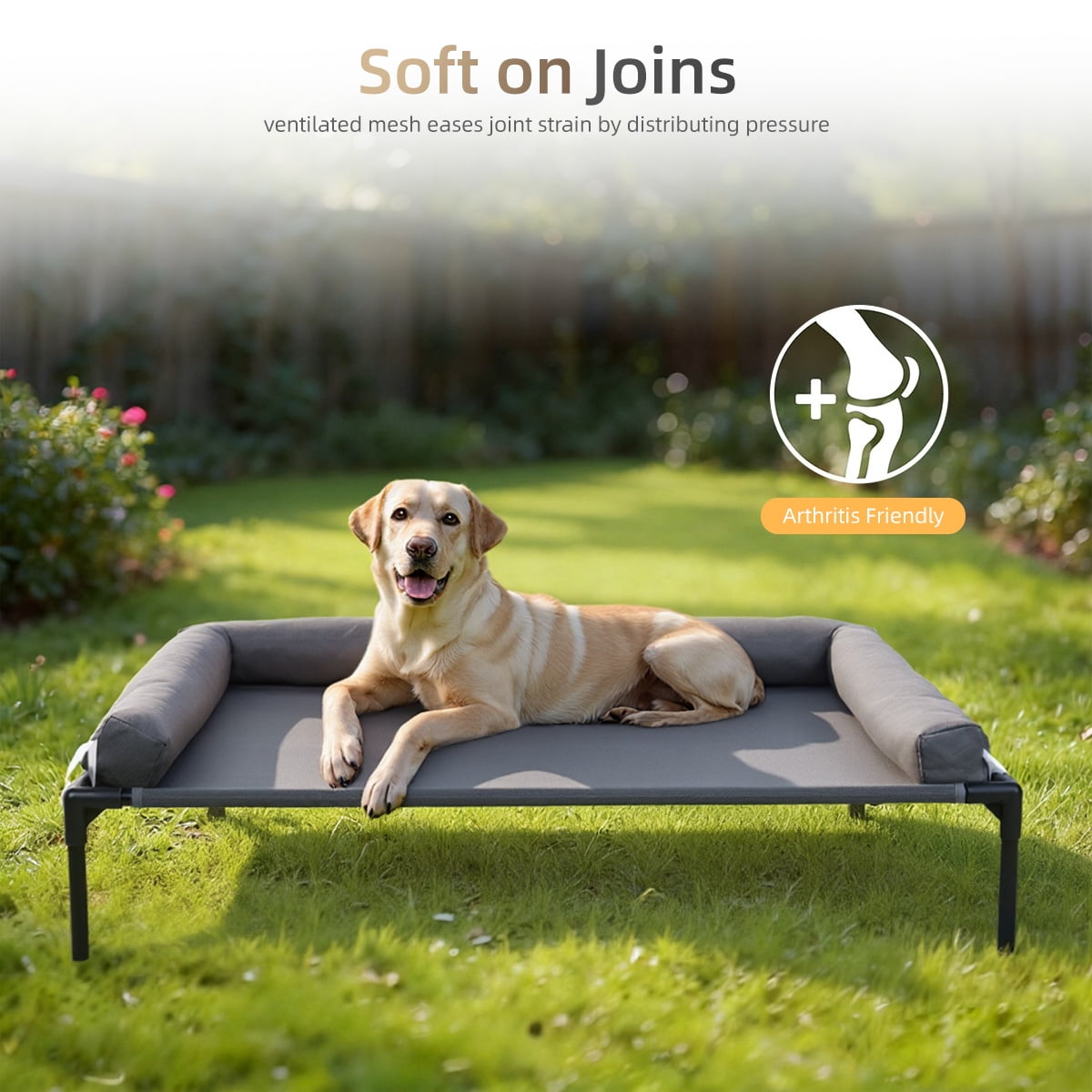 DOMIPET Cooling Elevated Dog Bed with Removable Waterproof Bolster Cushion Mat, Raised Pet Cot with Breathable Mesh, No-Slip Feet, Dog Couch Bed for Indoor Outdoor