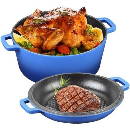 5.5 Quart Enameled Cast Iron Dutch Oven, 2-In-1 Enamel Dutch Oven Pot with Skillet Lid for Grill, Stovetop, Induction (Gradient Blue)