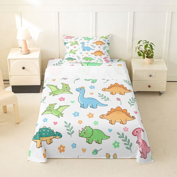 Homewish Cartoon Dino Twin Sheets,Cute Floral Bedding,White,3pcs,1 Fitted Sheet and 1 Pillowcase