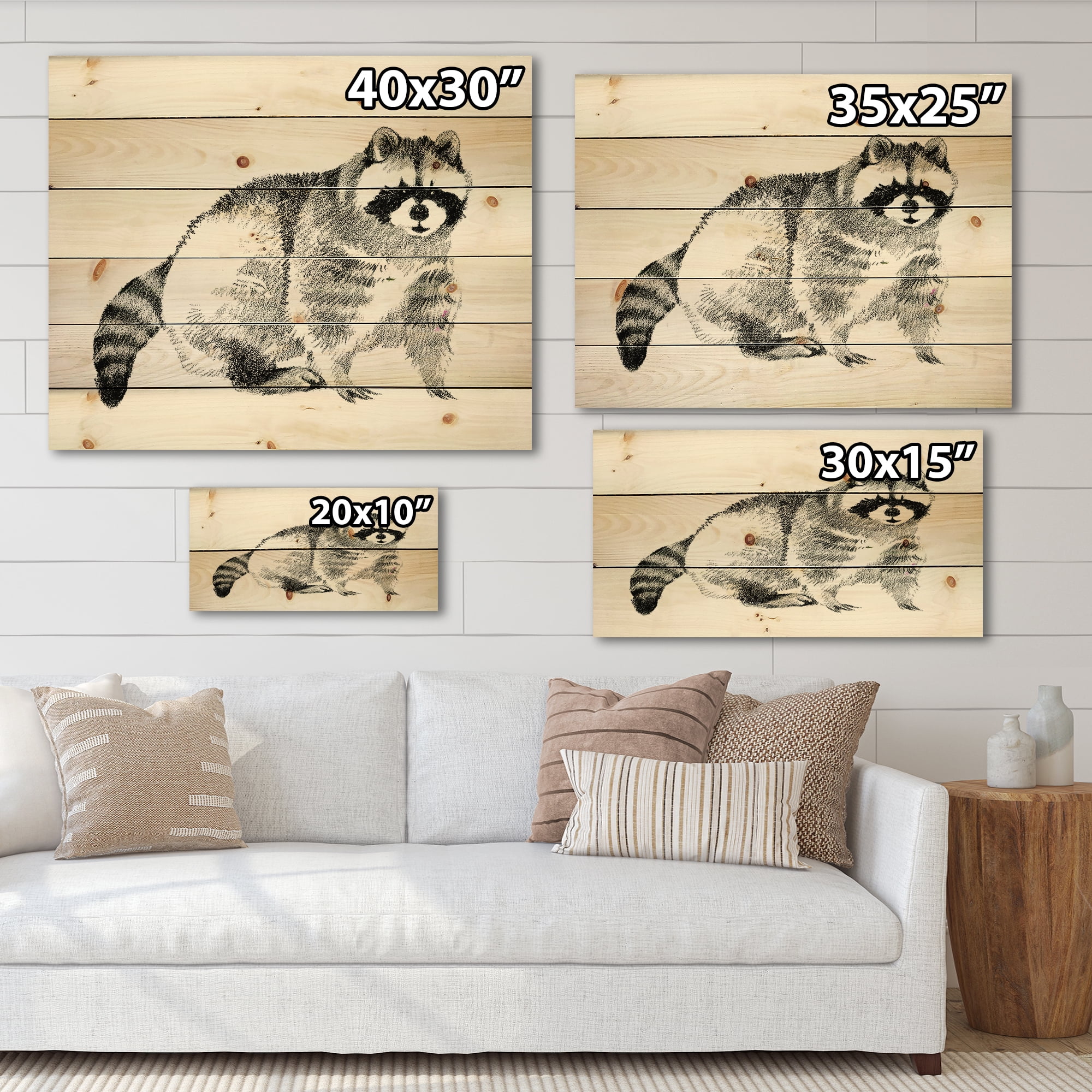 Designart 'Black and White Portrait Of Raccoon' Farmhouse Print on Natural Pine Wood