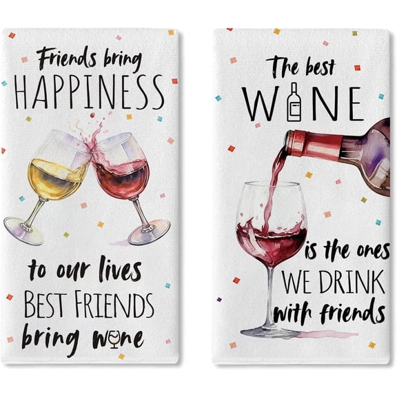 Gifts for Friends Wine Kitchen Dish Towels Set of 2, Friends Bring Happiness Drying Hand Towel Baking Cooking Cloth Wine Lovers Gifts, Friendship Bar Pub Bathroom Home Decoration 18'' x 26''