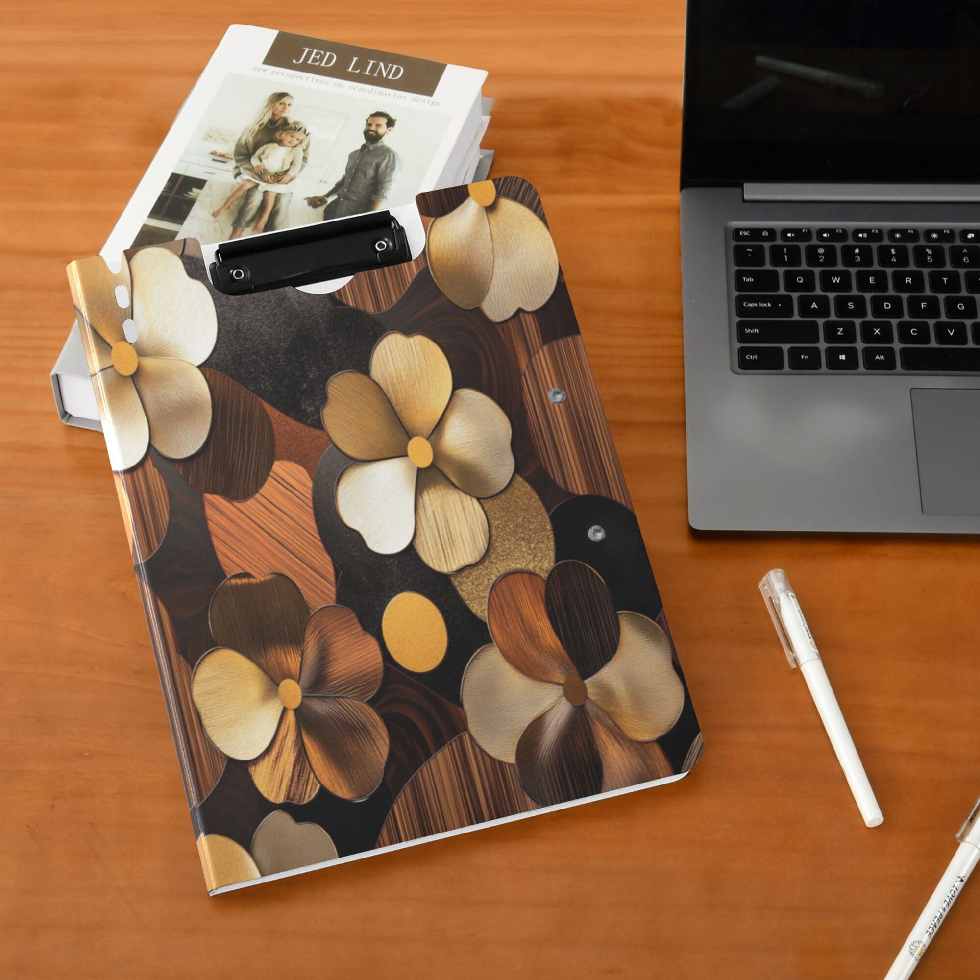 FORMRS A4 Clipboard Folder with Pen Holder Horizontal Foldable School Office Binder, Gold Flower