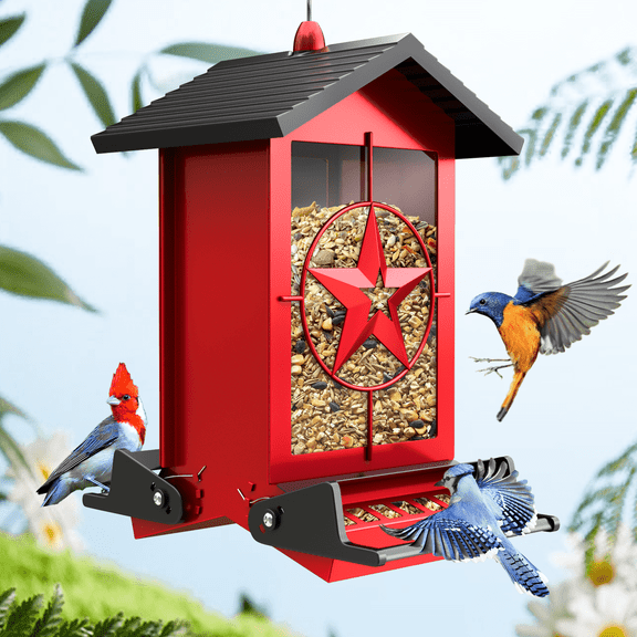 Squirrel Proof Bird Feeder for Outdoors Hanging, Metal Wild Bird Seed Feeder with Bilateral Weight-Activated Perches, 5LB Large Capacity Wild Bird Feeders for Outside Finch, Cardinal, Blue Jay