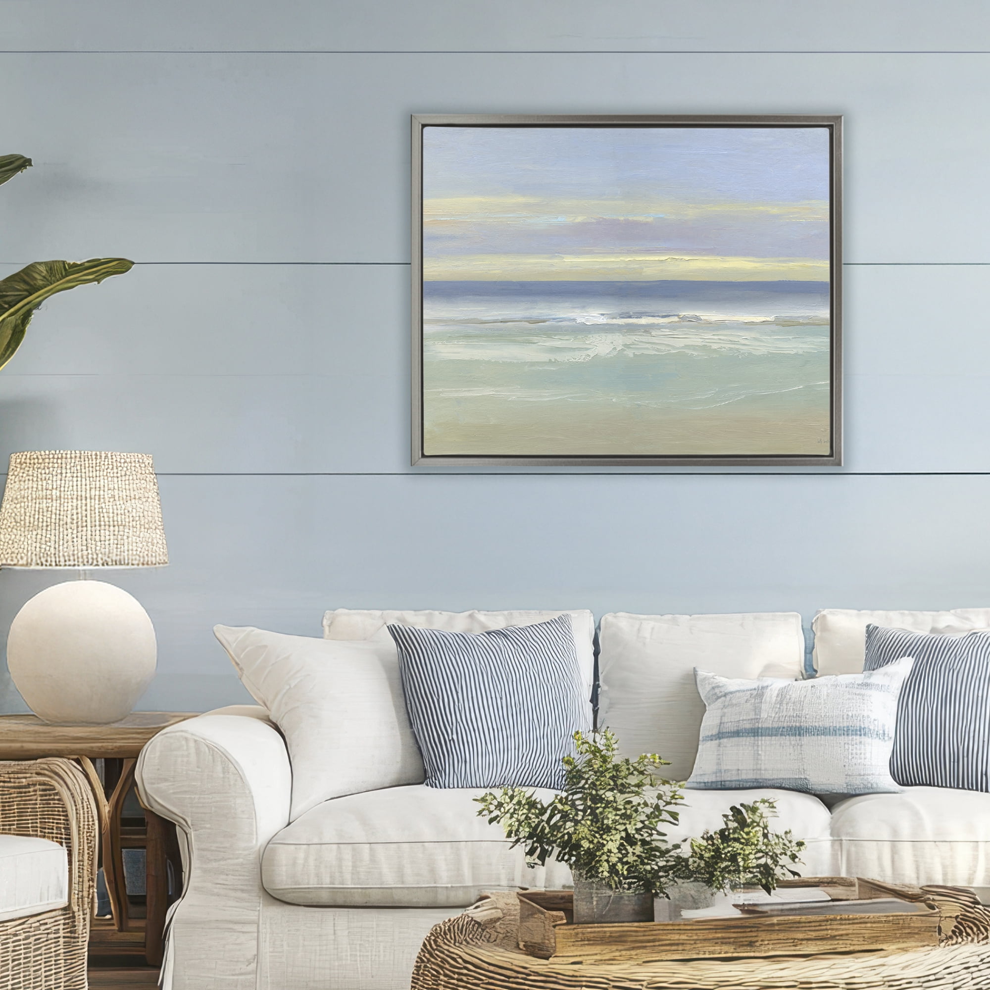 Stupell Industries Tranquil Coastal Morning Waves Gray Framed Floater Canvas Wall Art, design by Sally Swatland
