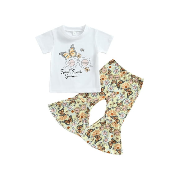 Bagilaanoe 2pcs Toddler Baby Girl Long Pants Set Print Short Sleeve T-shirt Tops Flare Trousers 6M 12M 18M 24M 3T 4T Kids Casual Outfits