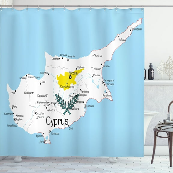 Ambesonne Cyprus Shower Curtain, Country Map with Flag Art, 69"Wx75"L, Pale Sky Blue and White