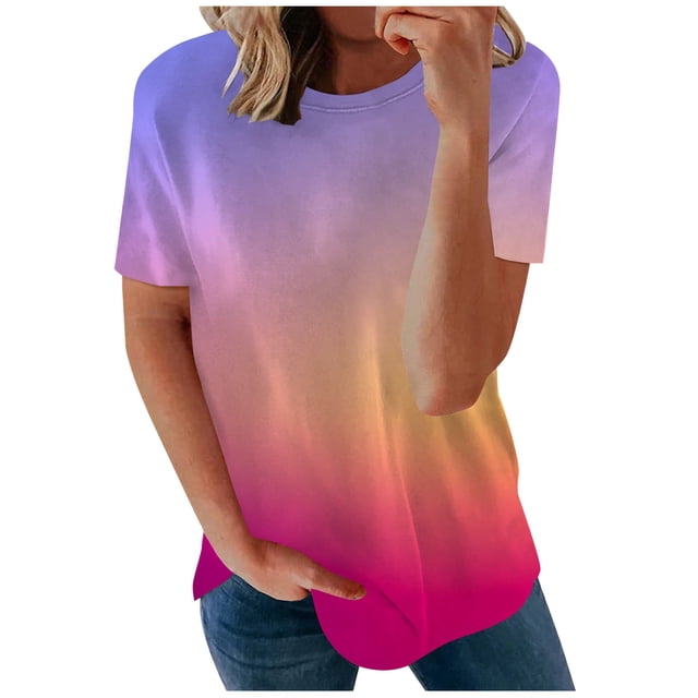 AherBiu Womens Tops Short Sleeve Tees Gradient Color Crewneck Basic Summer Casual Loose Tshirts